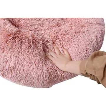 BinetGo Dog/Cat Bed, 20'' Pink, Shag Fur, Donut-Shaped Pet Bed, Machine Washable, Anti-Slip Waterproof Bottom, Up to 25 lbs