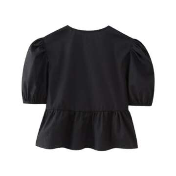 Women Y2K Peplum Shirt Puff Sleeve Tie Front Top Blouse Cute Going Out Babydoll Crop Top Summer(Blac...