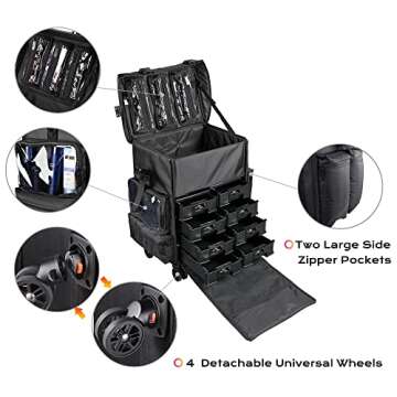 BYOOTIQUE Rolling Removable 360-Degree Wheel Makeup Case Cosmetic Organize Storage Travel Case Soft Sided 1680D Storage Drawer