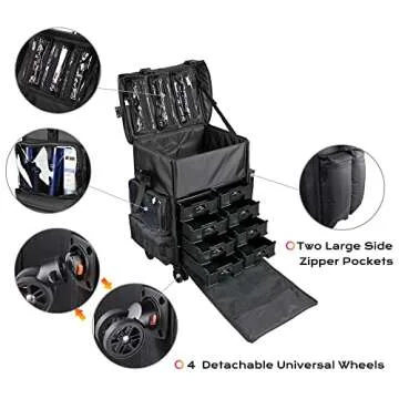 BYOOTIQUE Rolling Removable 360-Degree Wheel Makeup Case Cosmetic Organize Storage Travel Case Soft Sided 1680D Storage Drawer