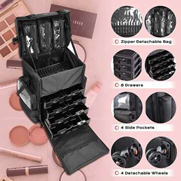 BYOOTIQUE Rolling Removable 360-Degree Wheel Makeup Case Cosmetic Organize Storage Travel Case Soft Sided 1680D Storage Drawer