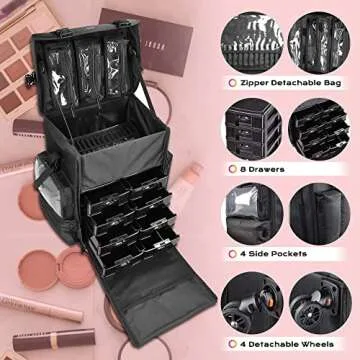 BYOOTIQUE Rolling Removable 360-Degree Wheel Makeup Case Cosmetic Organize Storage Travel Case Soft Sided 1680D Storage Drawer