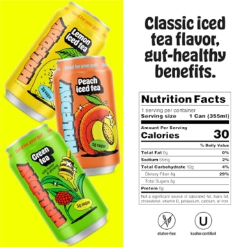 HALFDAY Prebiotic Iced Tea Lemon, Peach & Green Tea Variety Pack, Supports Digestive & Gut Health, Plant Fiber & Prebiotics, Low Sugar, 30 Calories, Natural Caffiene, Gluten Free, 12 fl oz (12 pack)