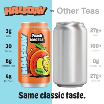 HALFDAY Prebiotic Iced Tea Lemon, Peach & Green Tea Variety Pack, Supports Digestive & Gut Health, Plant Fiber & Prebiotics, Low Sugar, 30 Calories, Natural Caffiene, Gluten Free, 12 fl oz (12 pack)