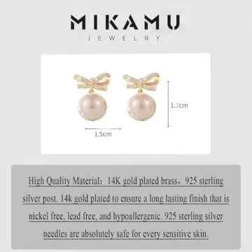 MIKAMU 14k Gold Ribbon Bow Stud Earrings for Women cubic zirconia Dainty Gold Plated Pearl Earring f...