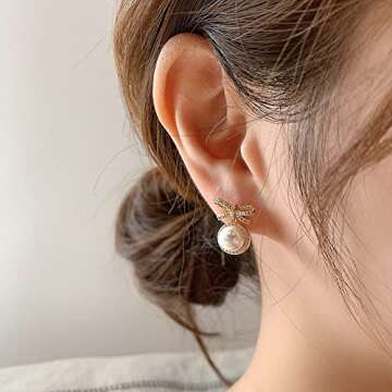 MIKAMU 14k Gold Ribbon Bow Stud Earrings for Women cubic zirconia Dainty Gold Plated Pearl Earring for Women Jewelry (white gold)