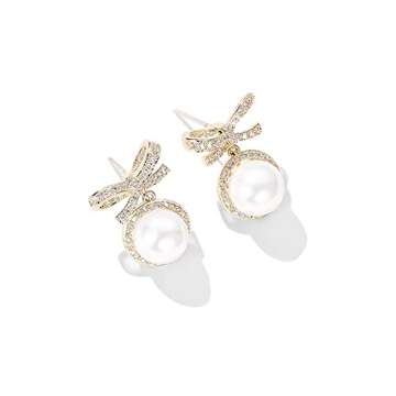 MIKAMU 14k Gold Ribbon Bow Stud Earrings for Women cubic zirconia Dainty Gold Plated Pearl Earring for Women Jewelry (white gold)
