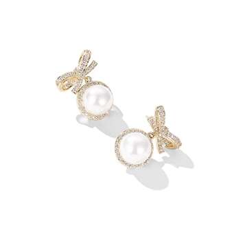 MIKAMU 14k Gold Ribbon Bow Stud Earrings for Women cubic zirconia Dainty Gold Plated Pearl Earring for Women Jewelry (white gold)