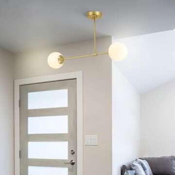 XiNBEi Lighting 2 Light Semi Flush Mount Ceiling Light, Globe Close to Ceiling Light, Satin Brass, 30.875" W x 16.5" H x 6" D, White, Indoor, Hallway, Kitchen, Bedroom, Entryway, Living Room, Lobby