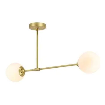 XiNBEi Lighting 2 Light Semi Flush Mount Ceiling Light, Globe Close to Ceiling Light, Satin Brass, 30.875" W x 16.5" H x 6" D, White, Indoor, Hallway, Kitchen, Bedroom, Entryway, Living Room, Lobby