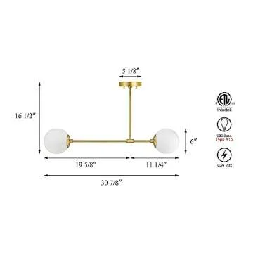 XiNBEi Lighting 2 Light Semi Flush Mount Ceiling Light, Globe Close to Ceiling Light, Satin Brass, 30.875" W x 16.5" H x 6" D, White, Indoor, Hallway, Kitchen, Bedroom, Entryway, Living Room, Lobby