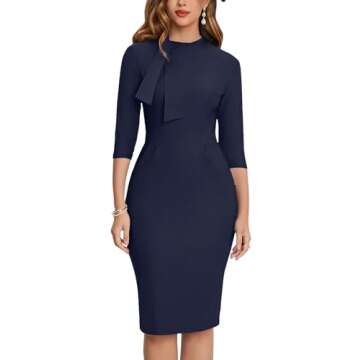 MUXXN Women's 3/4 Sleeve Knee Length Office Casual Mock Collar Pencil Dresses Navy Blue XL