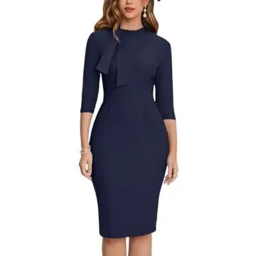 MUXXN Women's 3/4 Sleeve Knee Length Office Casual Mock Collar Pencil Dresses Navy Blue XL