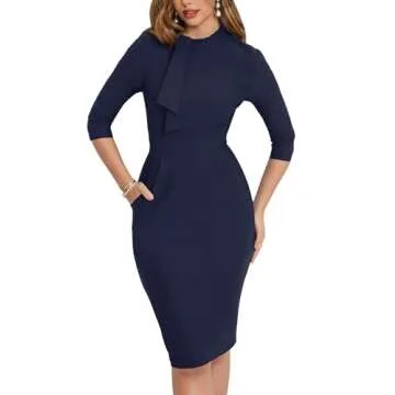 MUXXN Women's 3/4 Sleeve Knee Length Office Casual Mock Collar Pencil Dresses Navy Blue XL