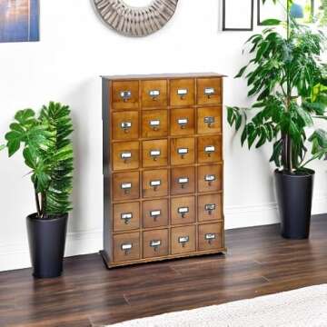 Leslie Dame Solid Oak Library Card File Media Cabinet, 24 Drawers, Walnut