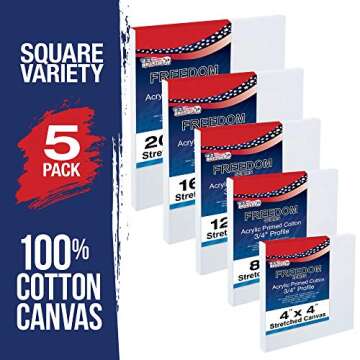 U.S. Art Supply Professional Quality Stretched Canvas, Pack of 5 Square Sizes, 1 Each 4x4, 8x8, 12x1...