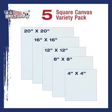 U.S. Art Supply Professional Quality Stretched Canvas, Pack of 5 Square Sizes, 1 Each 4x4, 8x8, 12x12, 16x16, 20x20 Inches - 12-Ounce Primed, 3/4", 100% Cotton - Artist Painting, Acrylic Pouring, Oil