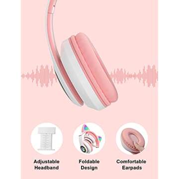 TOKANI Bluetooth Wireless Headphones for Kids Teens Adults, Over-Ear Bluetooth Headphones with Microphone, Cat Ear Headphones for Girls Women (Pink)