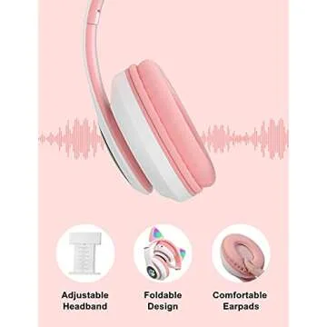 TOKANI Bluetooth Wireless Headphones for Kids Teens Adults, Over-Ear Bluetooth Headphones with Microphone, Cat Ear Headphones for Girls Women (Pink)