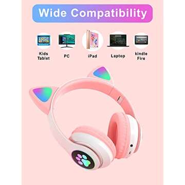 TOKANI Bluetooth Wireless Headphones for Kids Teens Adults, Over-Ear Bluetooth Headphones with Microphone, Cat Ear Headphones for Girls Women (Pink)
