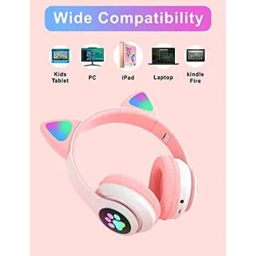 TOKANI Bluetooth Wireless Headphones for Kids Teens Adults, Over-Ear Bluetooth Headphones with Microphone, Cat Ear Headphones for Girls Women (Pink)