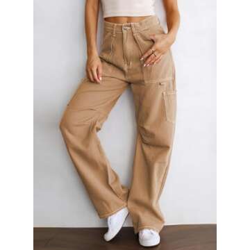 Dokotoo Khaki Cargo Pants Women TrousersPants Wide Leg Dress Pants Women High Waisted Casual TrousersPants for Women Trendy Loose Womens Trousers Palazzo Pants with Pockets