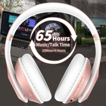 Glynzak Wireless Bluetooth Headphones Over Ear 65H Playtime HiFi Stereo Headset with Microphone and 6EQ Modes Foldable Bluetooth V5.3 Headphones for Travel Smartphone Computer Laptop Rose Gold