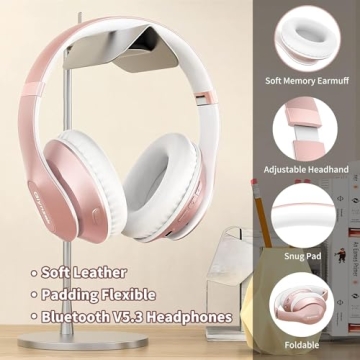 Glynzak Wireless Bluetooth Headphones Over Ear 65H Playtime HiFi Stereo Headset with Microphone and 6EQ Modes Foldable Bluetooth V5.3 Headphones for Travel Smartphone Computer Laptop Rose Gold