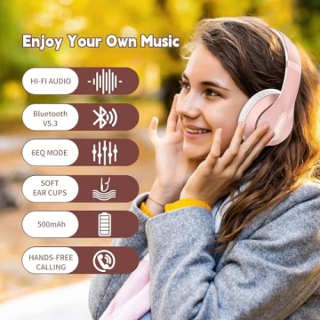 Glynzak Wireless Bluetooth Headphones Over Ear 65H Playtime HiFi Stereo Headset with Microphone and 6EQ Modes Foldable Bluetooth V5.3 Headphones for Travel Smartphone Computer Laptop Rose Gold