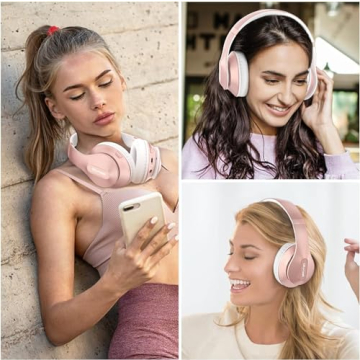 Glynzak Wireless Bluetooth Headphones Over Ear 65H Playtime HiFi Stereo Headset with Microphone and 6EQ Modes Foldable Bluetooth V5.3 Headphones for Travel Smartphone Computer Laptop Rose Gold