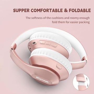 Glynzak Wireless Bluetooth Headphones Over Ear 65H Playtime HiFi Stereo Headset with Microphone and 6EQ Modes Foldable Bluetooth V5.3 Headphones for Travel Smartphone Computer Laptop Rose Gold