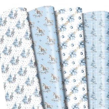 FIEHALA 12 Pcs Blue Christmas Wrapping Paper - Nutcracker & Tree Designs for Holiday Gifts