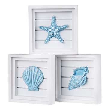 LODOCAVE Blue Seashell Starfish Coastal Wall Decor(6.3"x6.3"),3D Art Beach Theme Decorations for Hom...