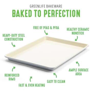 GreenLife Bakeware 18” x 13” Half Cookie Sheet Baking Pan, Non-Toxic PFAS-Free Healthy Ceramic Nonstick, Oven Safe to 450°F, Easy Release, Even Heating, Hand Wash, Gray