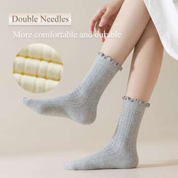 bropapa Womens Ruffle Crew Socks Cotton Ankle Cute Frilly Socks Ribbed Ultra Soft Breathable Cool Lettuce Casual Socks 6 Pack