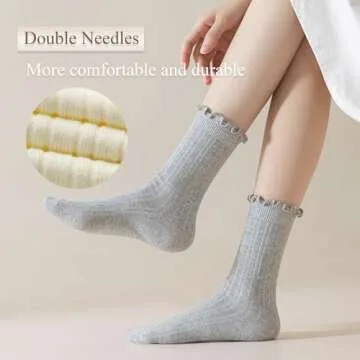 bropapa Womens Ruffle Crew Socks Cotton Ankle Cute Frilly Socks Ribbed Ultra Soft Breathable Cool Lettuce Casual Socks 6 Pack