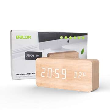 BALDR Wooden Digital Alarm Clock, Bamboo Wood White Light