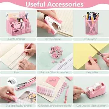 11 Pcs Pink Office Supplies Set Mesh Desk Organizer Accessories Kit Include Stapler Tape Dispenser Staple Remover Clips Ruler Scissors Sticky Notes for Office School Home Women (Pink)