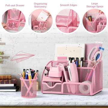 11 Pcs Pink Office Supplies Set Mesh Desk Organizer Accessories Kit Include Stapler Tape Dispenser Staple Remover Clips Ruler Scissors Sticky Notes for Office School Home Women (Pink)