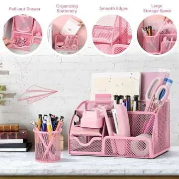 11 Pcs Pink Office Supplies Set Mesh Desk Organizer Accessories Kit Include Stapler Tape Dispenser Staple Remover Clips Ruler Scissors Sticky Notes for Office School Home Women (Pink)