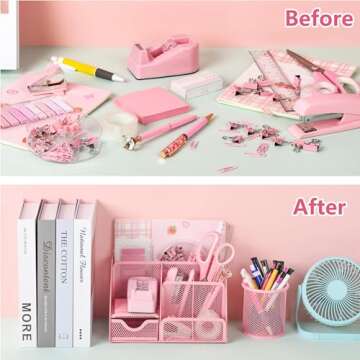 11 Pcs Pink Office Supplies Set Mesh Desk Organizer Accessories Kit Include Stapler Tape Dispenser Staple Remover Clips Ruler Scissors Sticky Notes for Office School Home Women (Pink)