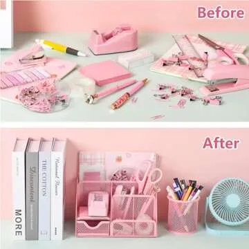 11 Pcs Pink Office Supplies Set Mesh Desk Organizer Accessories Kit Include Stapler Tape Dispenser Staple Remover Clips Ruler Scissors Sticky Notes for Office School Home Women (Pink)