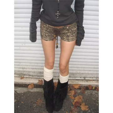 Hesaco Y2K Beach Shorts with Leopard Print & Lace Trim