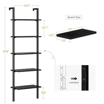 ODK 5-Tier Ladder Shelf, 74 Inches Wall Mounted Ladder Bookshelf with Metal Frame, Open Industrial Shelves for Home Office, Bedroom and Living Room, Black
