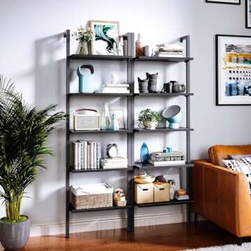 ODK 5-Tier Ladder Shelf, 74 Inches Wall Mounted Ladder Bookshelf with Metal Frame, Open Industrial Shelves for Home Office, Bedroom and Living Room, Black