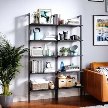 ODK 5-Tier Ladder Shelf, 74 Inches Wall Mounted Ladder Bookshelf with Metal Frame, Open Industrial Shelves for Home Office, Bedroom and Living Room, Black