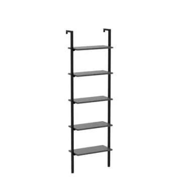 ODK 5-Tier Ladder Shelf, 74 Inches Wall Mounted Ladder Bookshelf with Metal Frame, Open Industrial Shelves for Home Office, Bedroom and Living Room, Black
