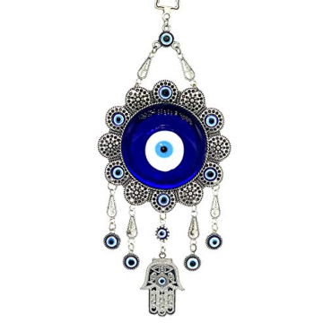Blue Evil Eye with Hamsa Hand Protection Wall Hanging Ornament Decor Sunflower Design (with a Betterdecor Pouch)-006