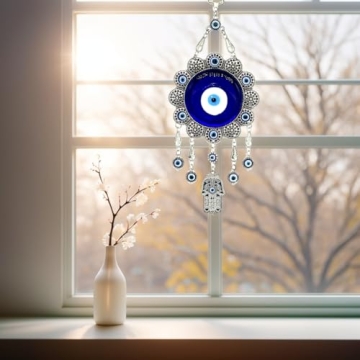 Blue Evil Eye with Hamsa Hand Protection Wall Hanging Ornament Decor Sunflower Design (with a Betterdecor Pouch)-006