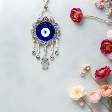 Blue Evil Eye with Hamsa Hand Protection Wall Hanging Ornament Decor Sunflower Design (with a Betterdecor Pouch)-006